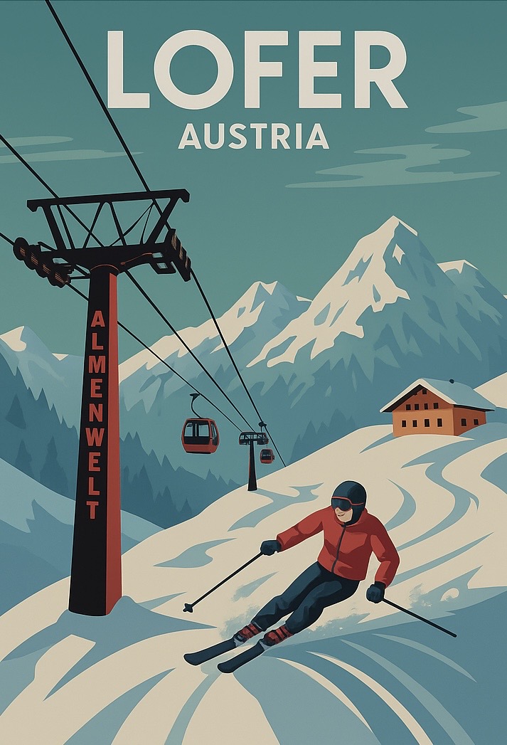 Vintage-Winterplakat von Lofer mit Skifahrer und Gondel