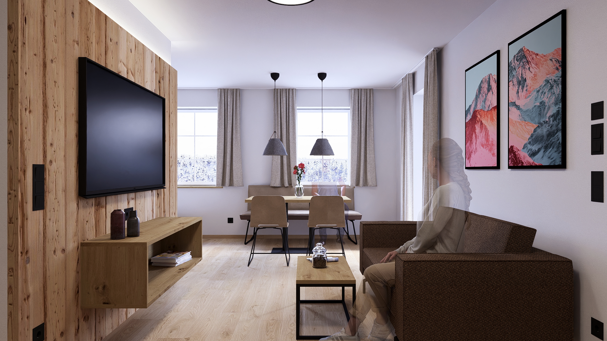 Wohn- und Essbereich der Ferienwohnung mit offener Küche