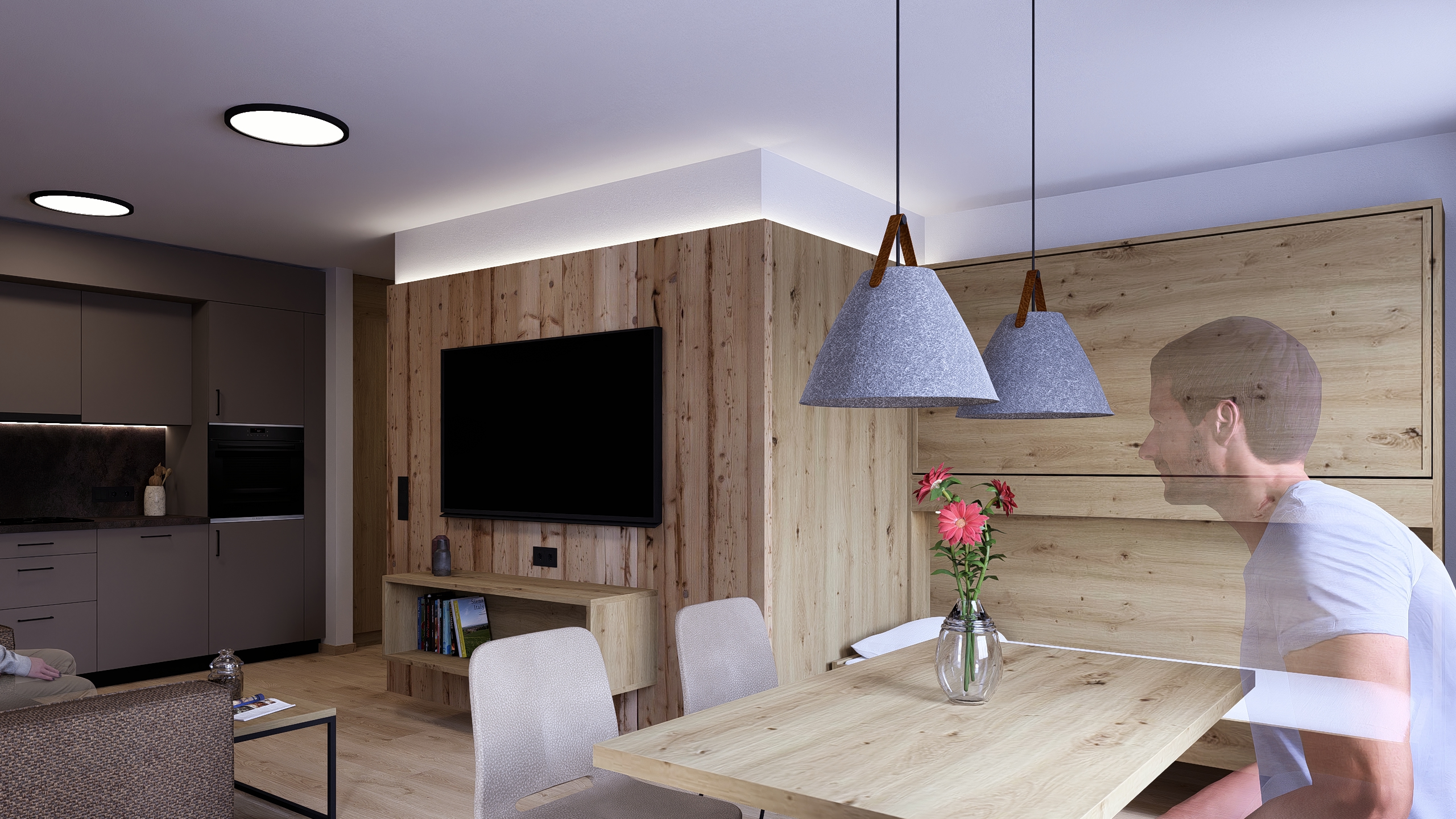 Essbereich der Ferienwohnung mit Holzoptik und offenem Wohnraum