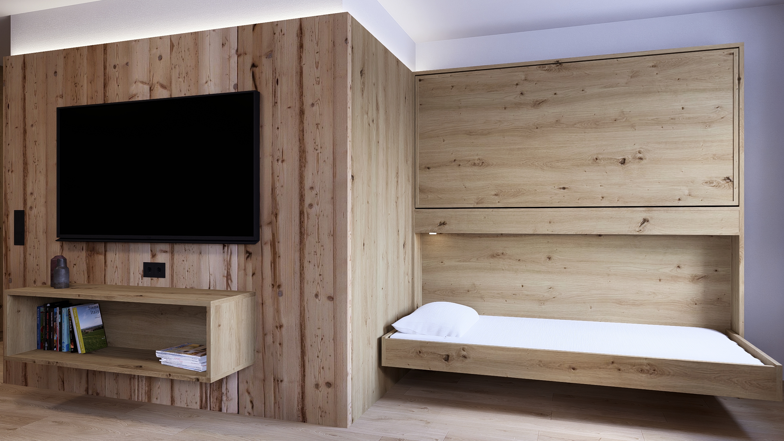 Schlafnische mit TV-Möbel in der Ferienwohnung