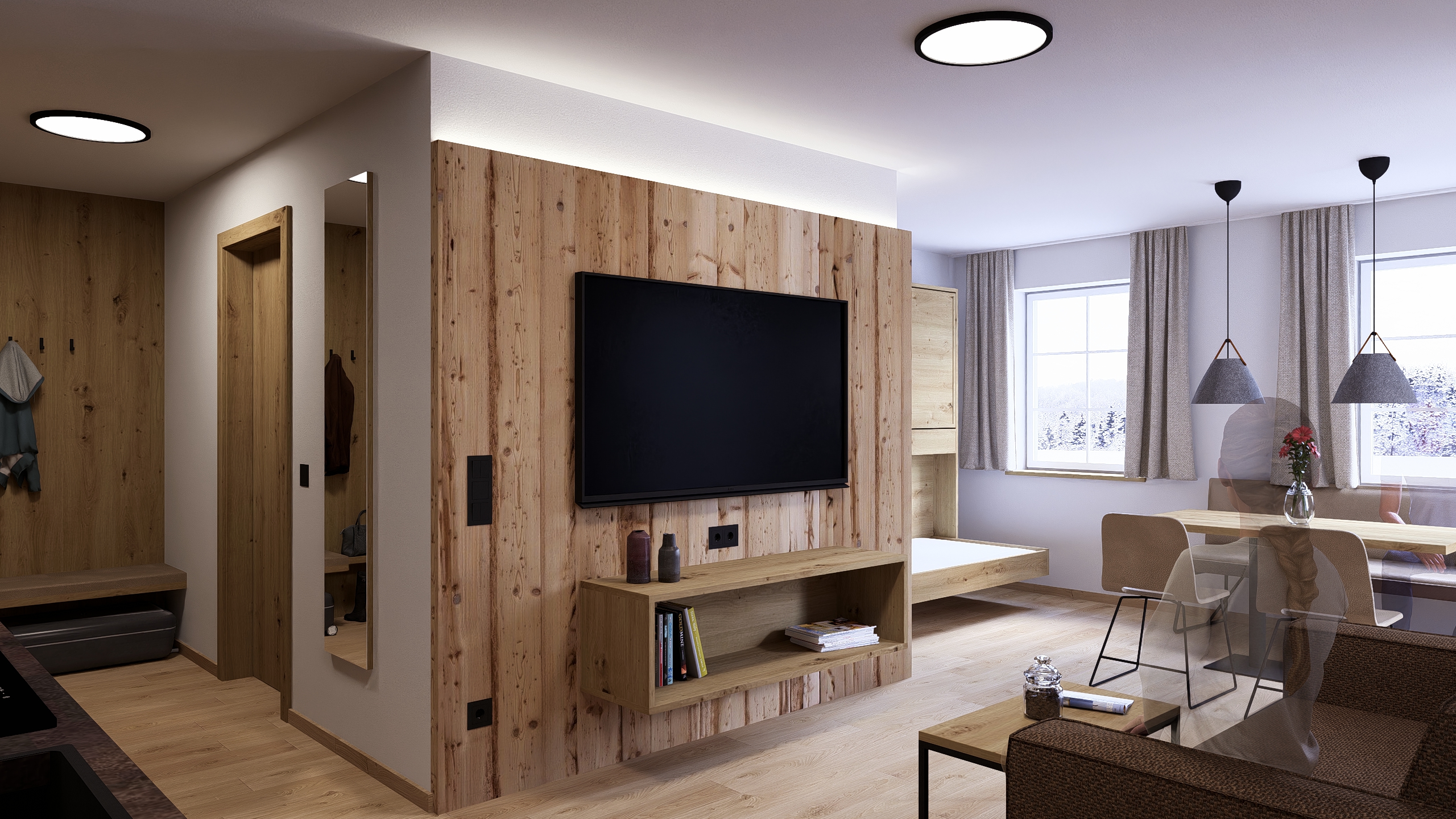 Wohnbereich der Ferienwohnung mit TV, Esstisch und Holzdetails