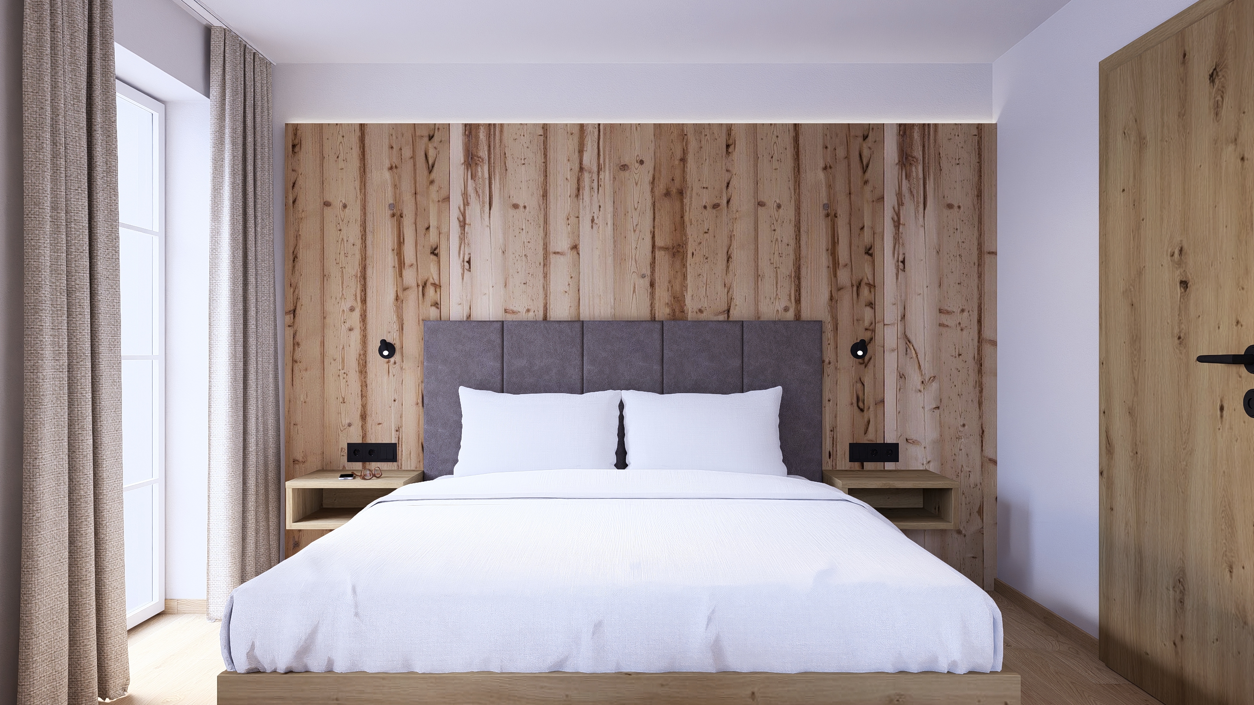 Schlafzimmer mit Doppelbett und Holzverkleidung